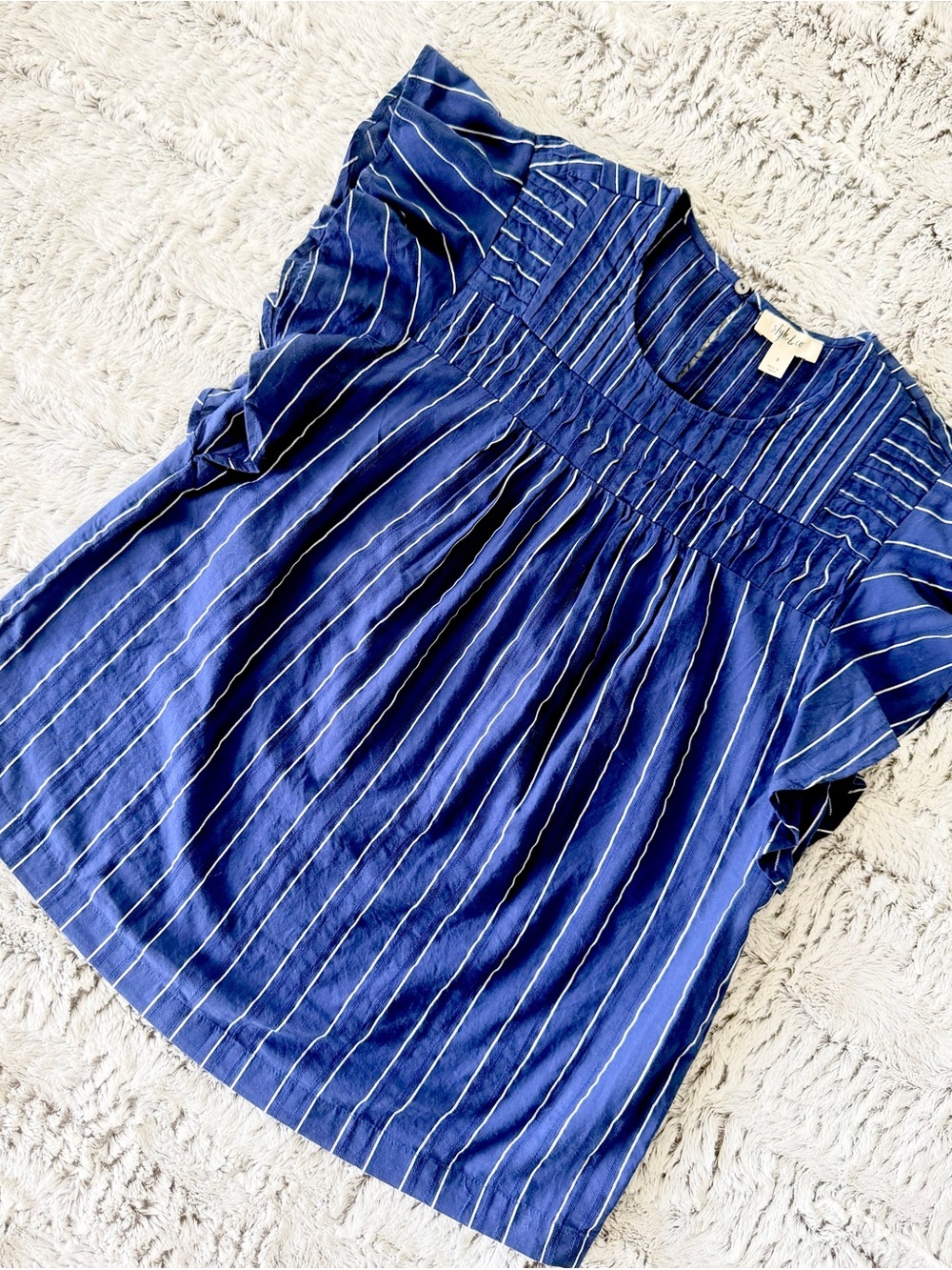 Style & Co. Navy Blue Pinstripe Short Sleeve Peasant Blouse